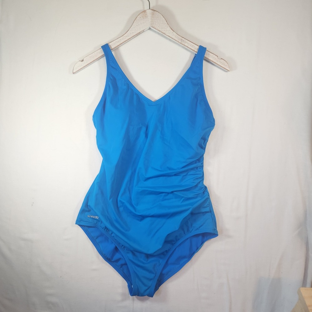 Speedo Womens Blue Ruched V-Neck One Piece Swimsuit Size‎ 14 Athletic Swimwear